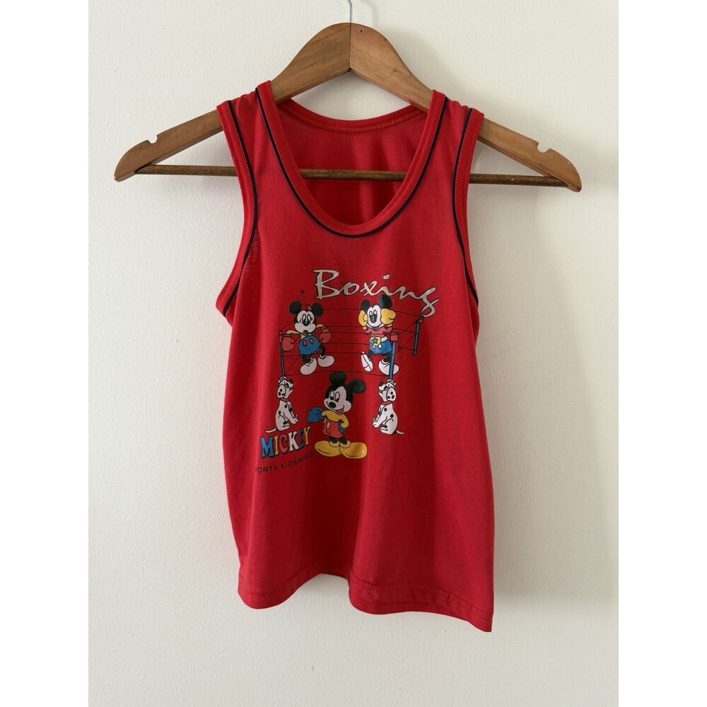 VTG Kids Mickey Mouse Boxing 101 Dalmatians Graphic Tank Top Red Disney 80s M